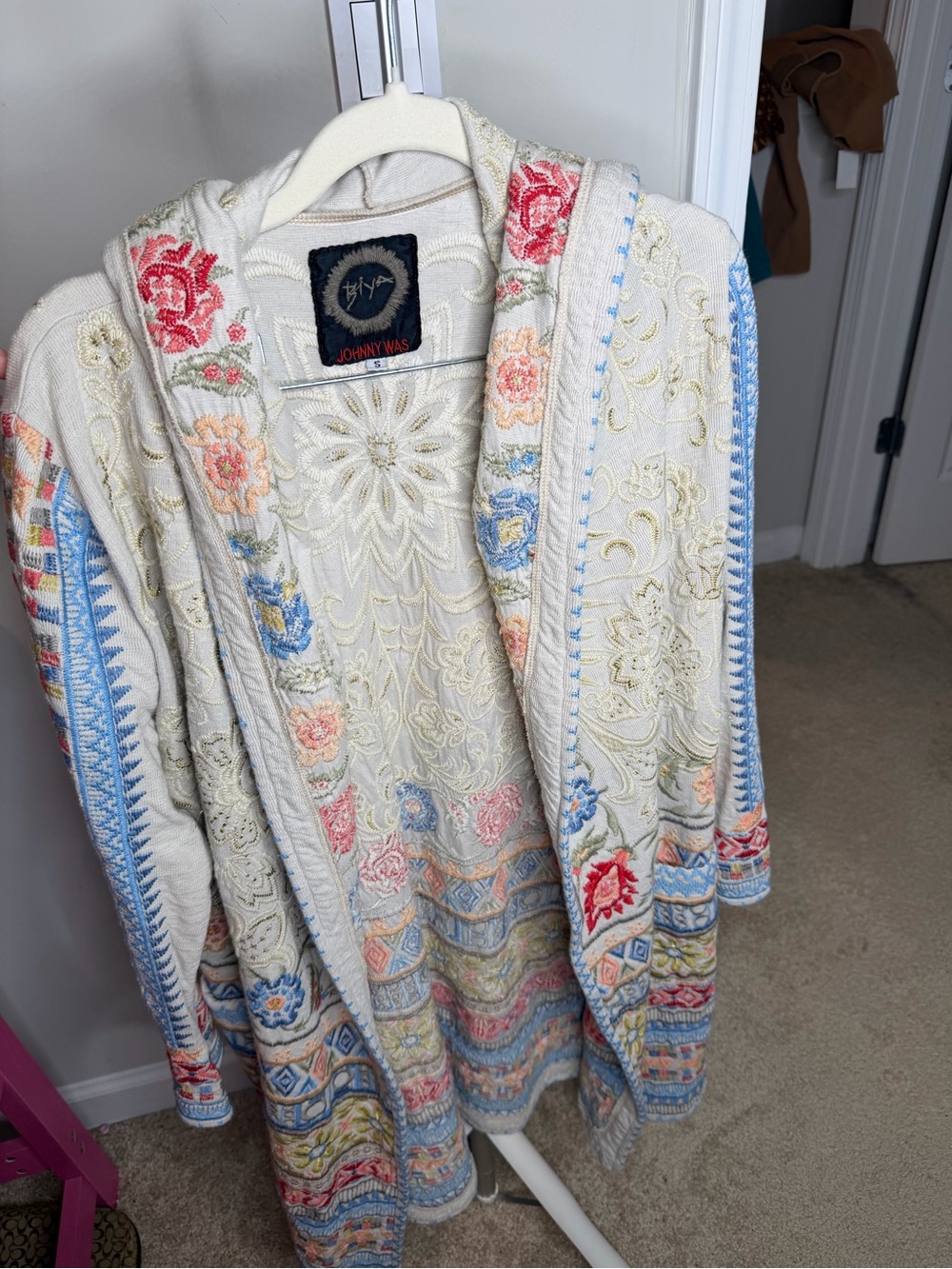 Rare Biya by Johnny Was Cream Floral Embroidered Hooded Sweater